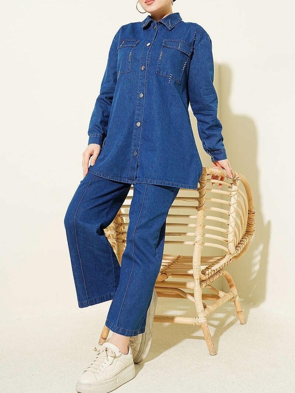 NWOT Denim Two Piece Set Beaded Pockets Wide Leg Pants Modest Oversized L